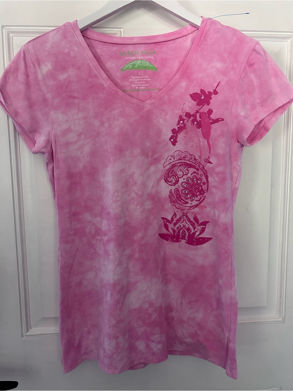 Earth Yoga Pink Tie-Dye V-Neck Tee with Floral Lotus Graphic